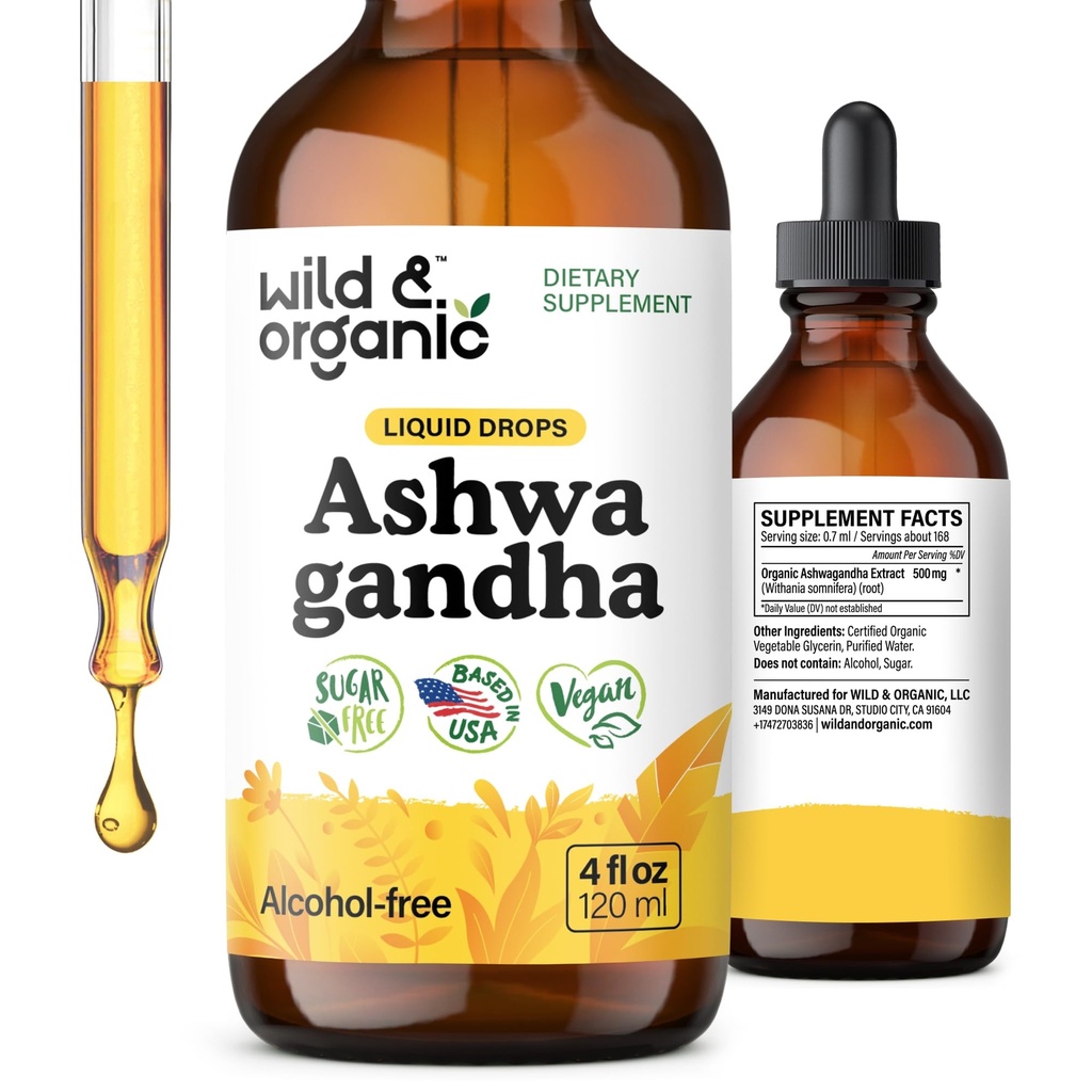 Wild & Organic Ashwagandha Drops - Mood Support Supplement w/Ashwagandha Root Extract - Liquid Drops for Calm Mind - Relax Supplements - Sugar &amp; Alcohol-Free - 4 fl oz