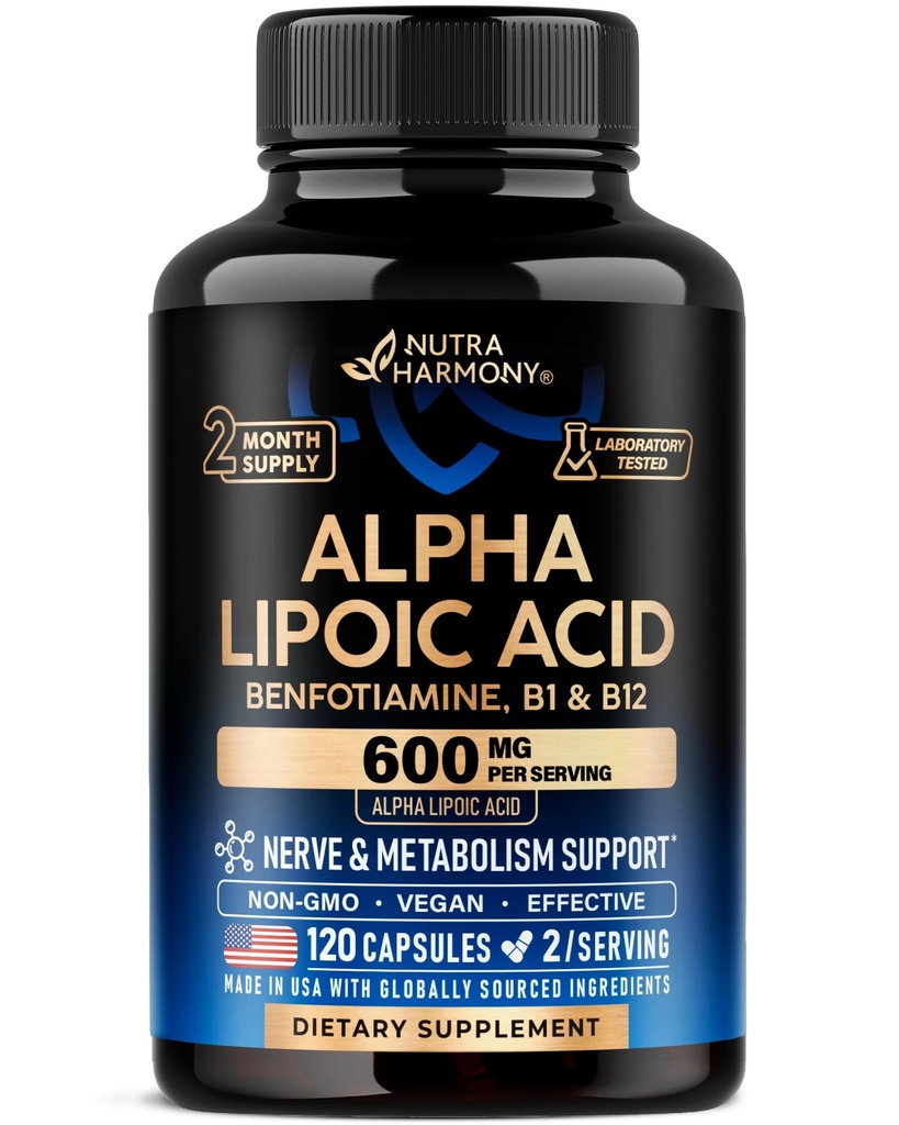 Alfa Lipoic Acid 600mg - ALA Suplemento Antioxidante para Nerve, Energía & Metabolismo Apoyo - Fuerza adicional con Benfotiamine, B1 &amp; B12 - Lab Tested, Non-GMO & Vegan - 120 cápsulas, 2 Month Supply