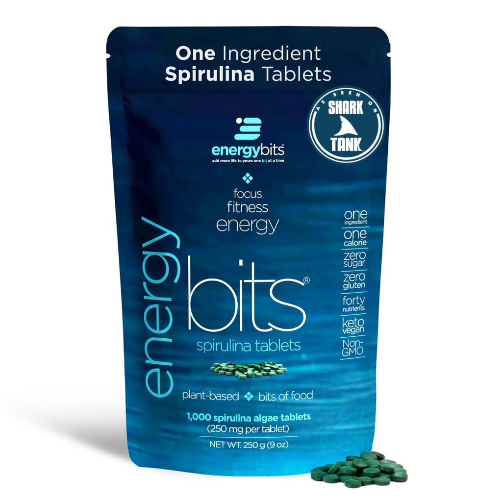 ENERGYBITS - Tablas ecológicas de espirulina - Superalimentos de algas de base vegetal - para Focus, Fitness, Energía - Proteína vegetal - Gratuito de gluten - Collagen, Vitamina B12, Omega 3 - Keto & Vegan - 1000 Algas Tabletas