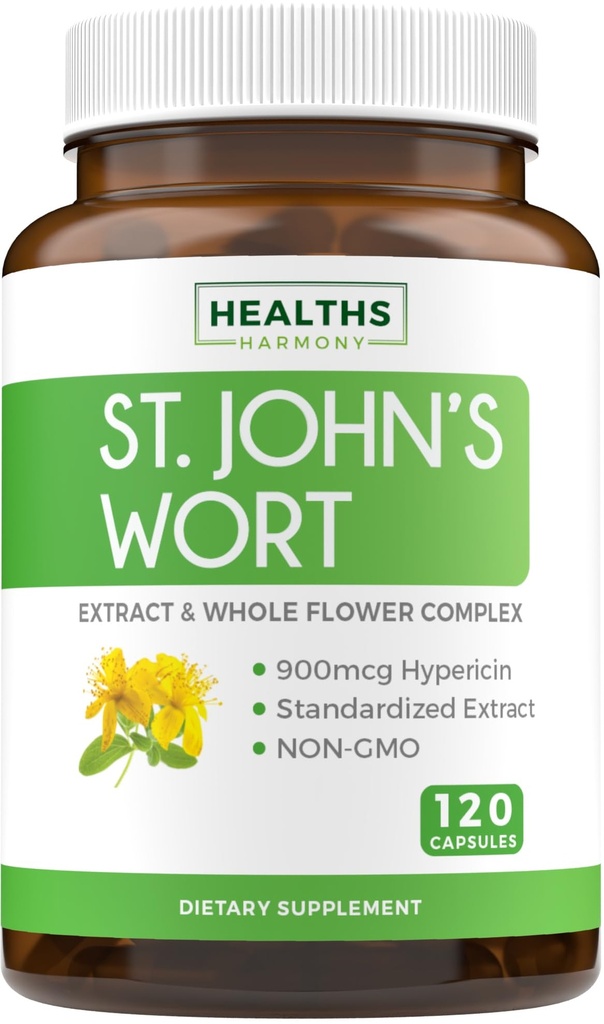 Capsulas de hierba de San Juan - Potente &amp; Potente Extracto de hierba entera Estándarizado a 900mcg Hypericin para equilibrar el soporte diario del humor - Vegan Non-GMO & Lab Verified (120 caps)