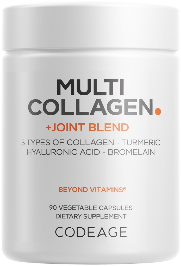 Codeage Multi Collagen Protein + Joint Blend Supplement, Hyaluronic Acid, Bromelain, Turmeric, Ginger, Boswellia, Astaxanthin - Hydrolyzed Bovine Collagen - 5 Tipos de colágeno - No GMO - 90 cápsulas