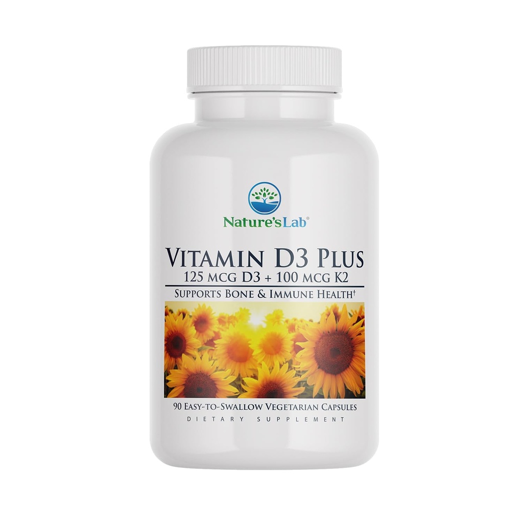 Lab Vitamina D3 Plus - Contiene vitaminas D3 y K2 (MK7) para soporte inmunitario, huesos saludables y salud cardiovascular* - Gluten Free, Non GMO - 90 cápsulas (3 Month Supply)