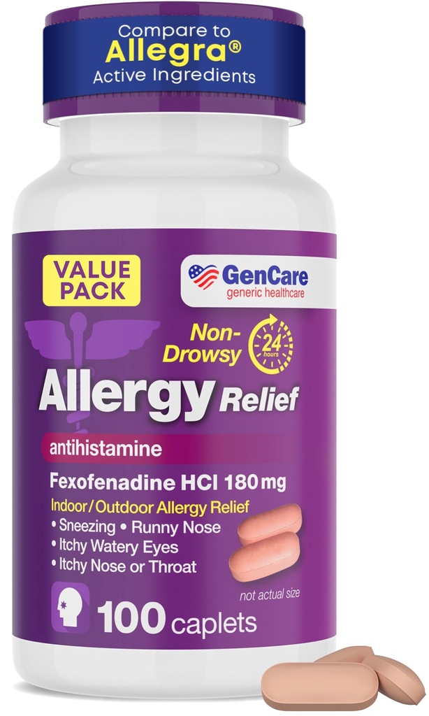 GenCare Alivio de la Alergia Pills - Fexofenadine 180mg 24 horas Medicina antihistamínica antihistamínica, Comparar con Allegra 24 horas Píldoras no somníferas para los ojos picantes, nariz de rubí, urticaria (100 cuenta)