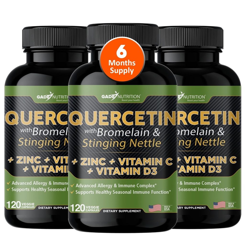 Gade Nutrition Quercetina con vitamina C, Zinc &amp; Stinging Nettle Quercetin - Quercetin 500mg - Quercetina con bromelaina - Zinc Quercetina + Vitamina D3-360 Veggie Caps - 6 Mes de Suministro