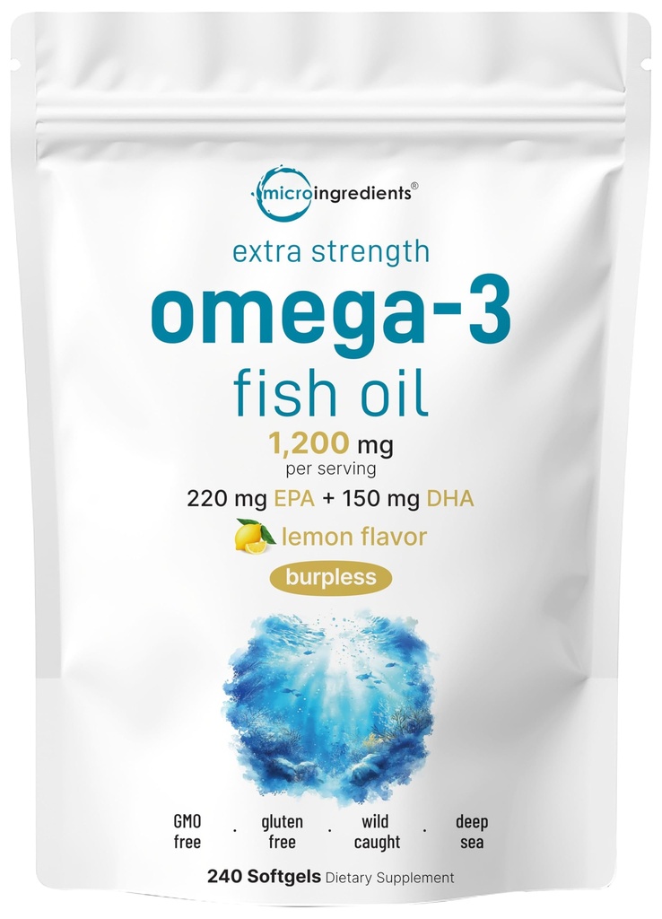 Micro Ingredientes Extra Strength Omega 3 Fish Oil Suplementos 1,200mg Por Serving, 240 Softgels TEN Lemon Flavored ANTE Burpless ANTE Essential Fatty Acids ← EPA 220mg + DHA 150mg ← Deep Sea Fish Fish Fish