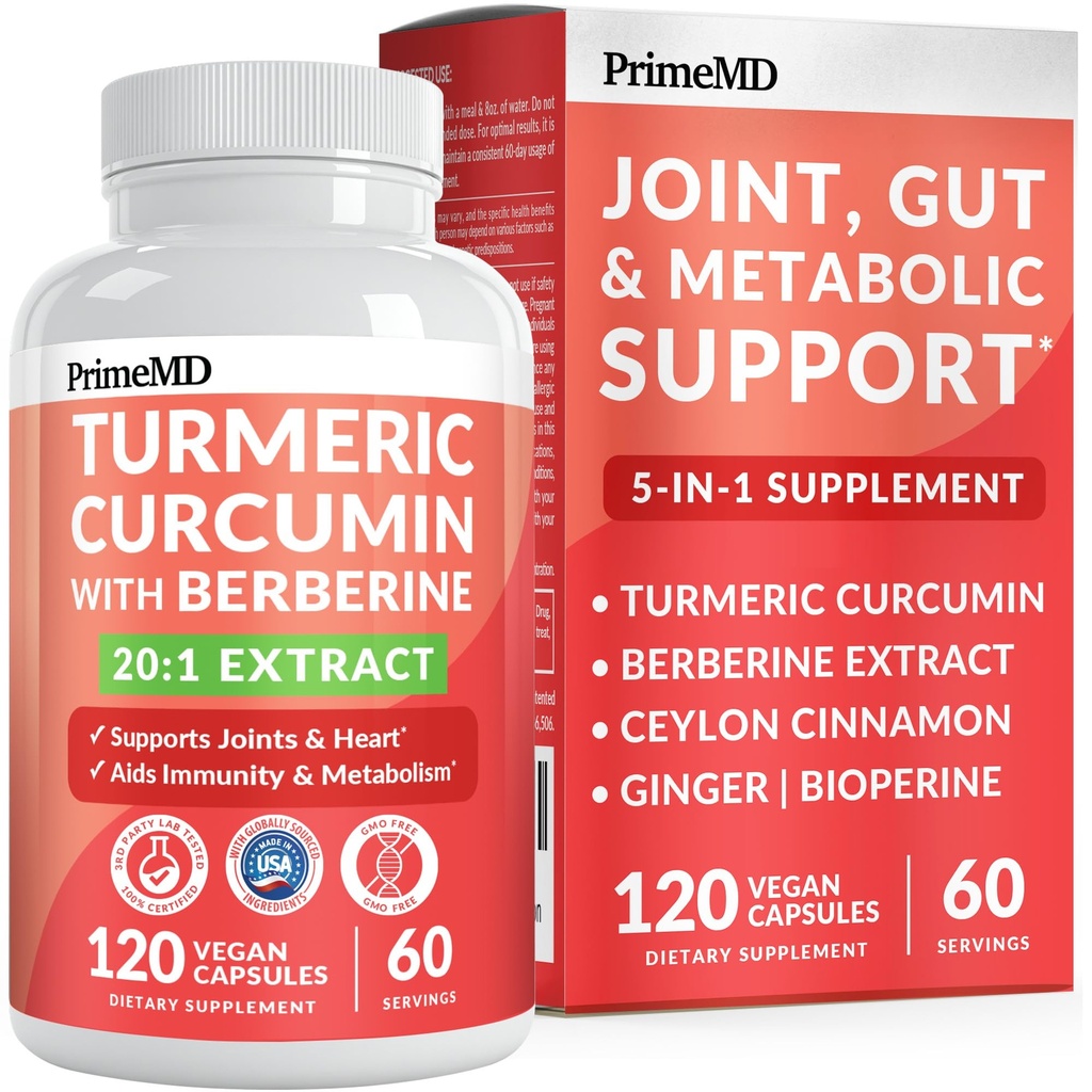 5-en-1 Suplemento de Curcumina Turmérica Orgánica (4210mg) con Berberina, Ceilán Cinnamon Bioperina y Ginger Suplementos para Conjunto, Corazón, Gut, " Apoyo Metabólico (120 ct)