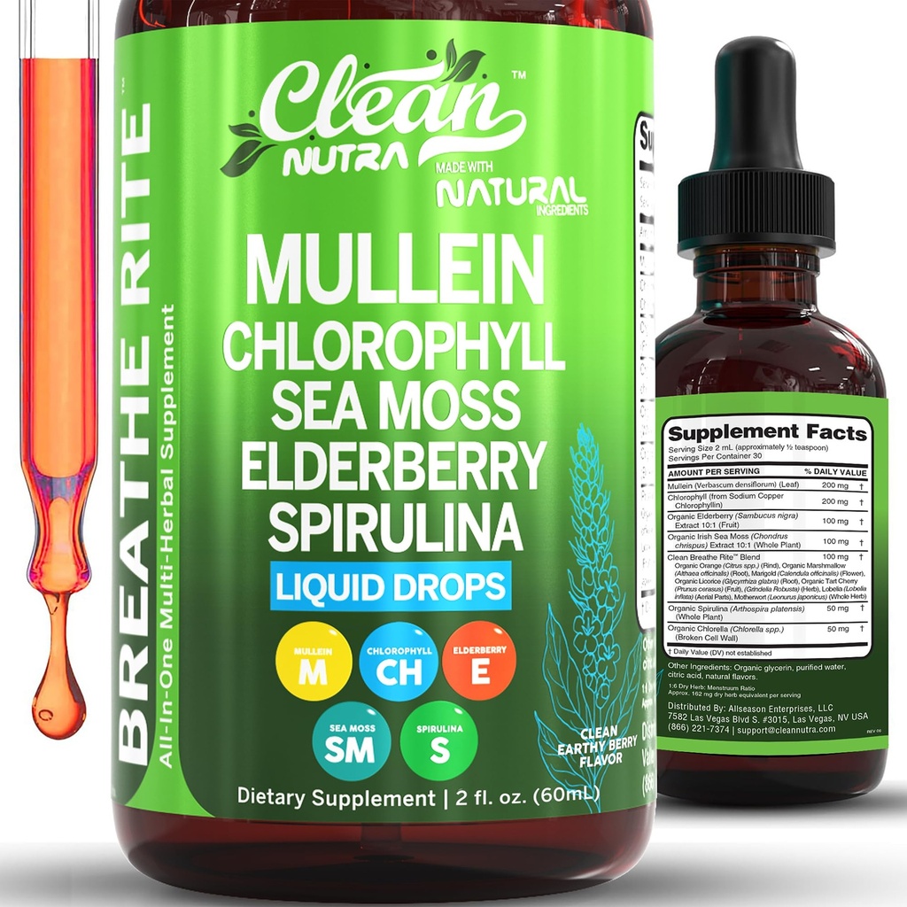 Clean Nutra Mullein Drops for Lungs Organic Chlorophyll Liquid Irish Sea Moss, Spirulina, Licorice, Tart Cherry Lobelia, Motherwort &amp; Elderberry Mullein Leaf Extracto Tintura Hombre Mujer Suplemento