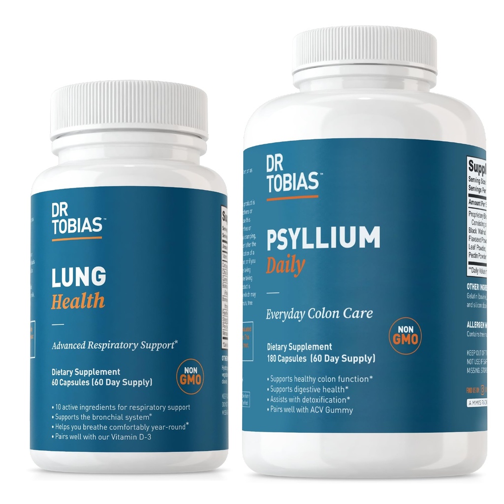 Dr. Tobias Lung Health & Psyllium Daily Supplements, Lung Cleanse & Detox Formula, Supports Healthy Bowel Movements with Psyllium Husk, Vitamin C, Butterbur, Quercetin, Daily Fiber and Lung Supplement