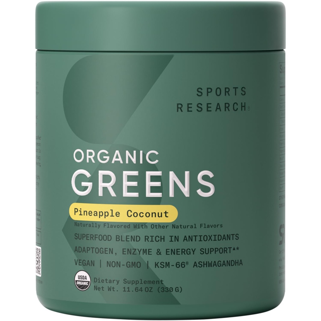Sports Research® Organic Greens Superfood Powder w/Spirulina, Clorella, Adaptogens, Enzymes, Probiotics " 8 VIT Bs for Gut " Mood Support* - Vegan, Sugar-Free " Low-Cal Pineapple Coconut 30 Servings