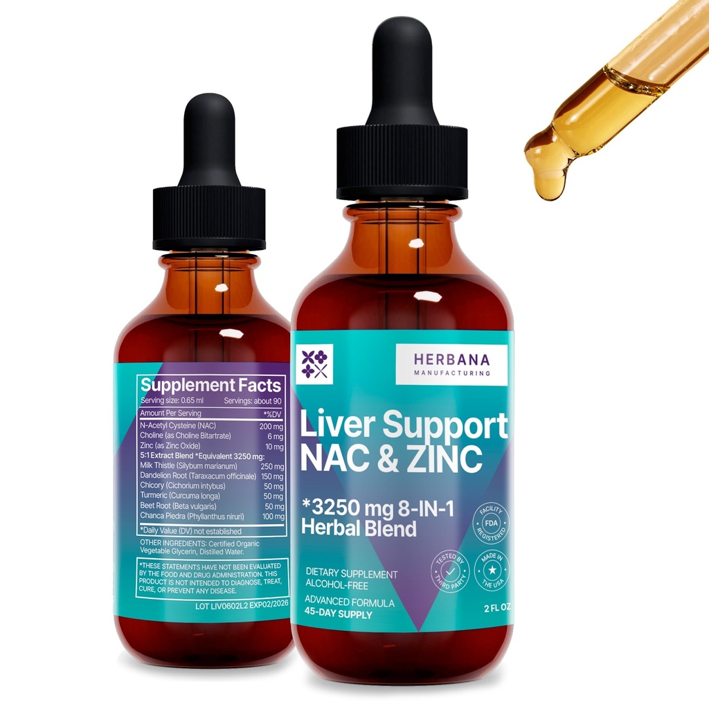 Liver Support " NAC, Zinc - 2 fl oz Liquid Drops with Milk Thistle, Dandelion Root, Chicory, Turmeric, Beet Root, Chanca Piedra - Liver Cleanse " Detox Supplement