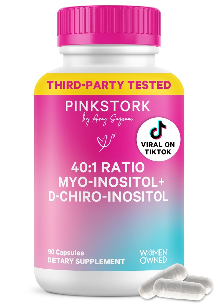 Pink Stork Inositol Suplemento para Mujeres – 40:1 Myo-Inositol & D-Chiro Inositol – Equilibrio hormonal, Fertilidad & Soporte Ovárico – Regularidad Ciclo &amp; Bienestar metabólico, 30 Servimientos