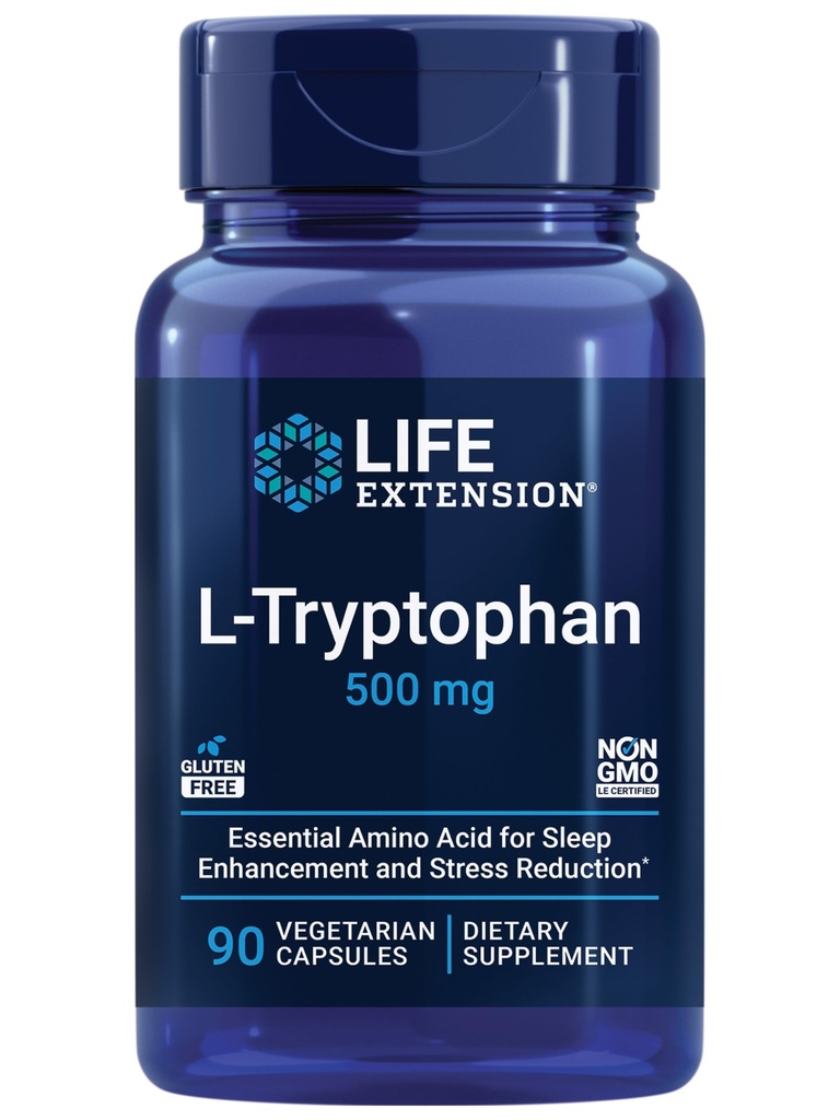 La extensión de vida L-Tryptophan, 500 mg, fomenta niveles de serotonina saludables y promueve el sueño saludable, el humor, la respuesta al estrés " Satiety, Gluten-Free, Non-GMO, Vegetarian, 90 cápsulas