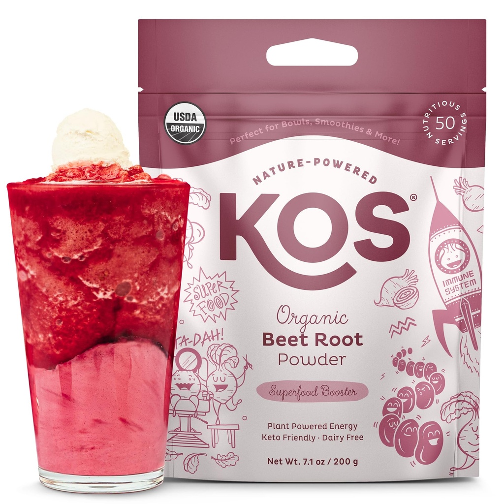 KOS Organic Beet Root Powder, USDA Certified - Superfood Plant Based Beetroot Ingredient for Stamina Increasing, Circulation - Non-GMO, Soy &amp; Gluten-Free, 50 Servings Bag