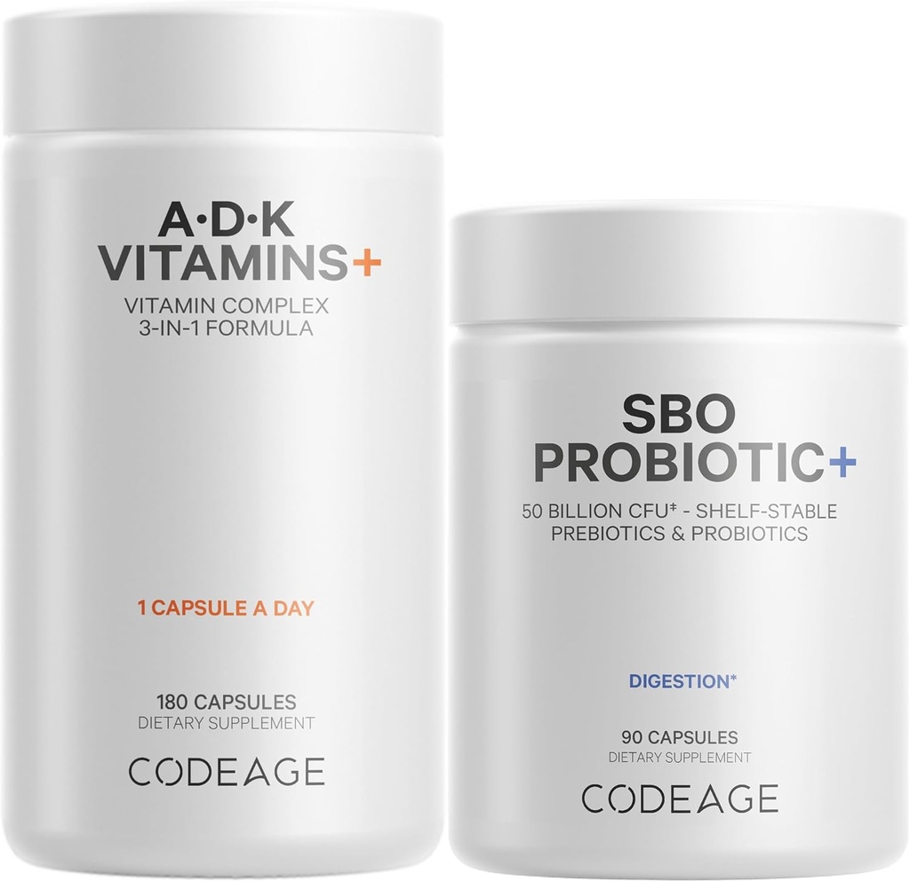 Codeage Daily ADK Vitamina &amp; Probiotic Bundle – Vitamina A Retinyl Palmitate, Vitamina D3 Cholecalciferol, Vitamina K, 50 Billones CFU SBO Probiotic Blend, Non-GMO
