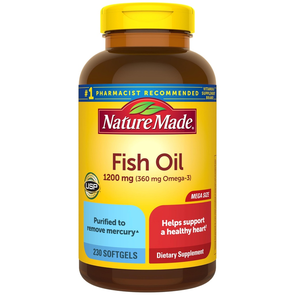 Nature Made Fish Oil Omega 3 Suplementos, 1200 mg Softgels, Omega 3 Fish Oil for Healthy Heart Support, 230 Softgels, 115 Day Supply