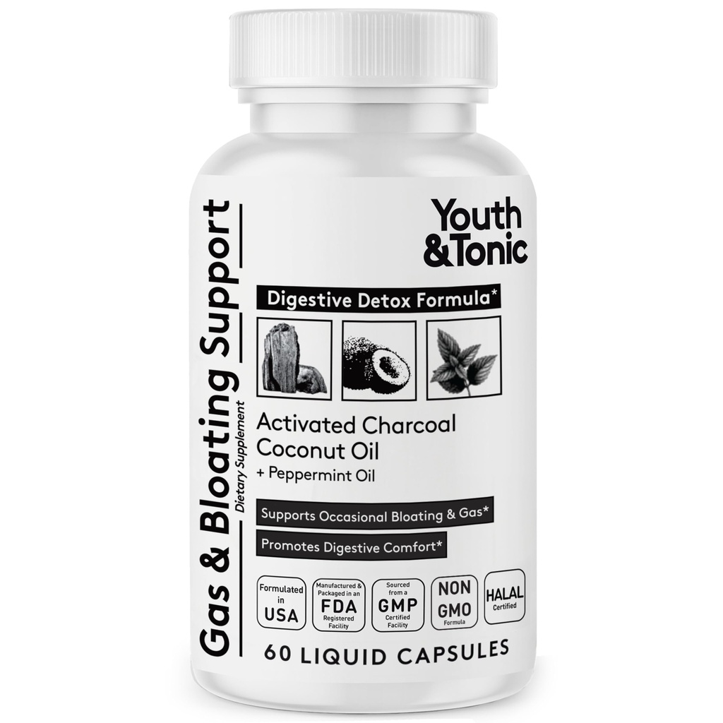 Píldoras de carbón activadas para la limpieza y el gas para calmar la desintoxicación del sistema estomacal y digestivo con aceite de coco orgánico de menta, para hombres y mujeres - 60 cápsulas líquidos