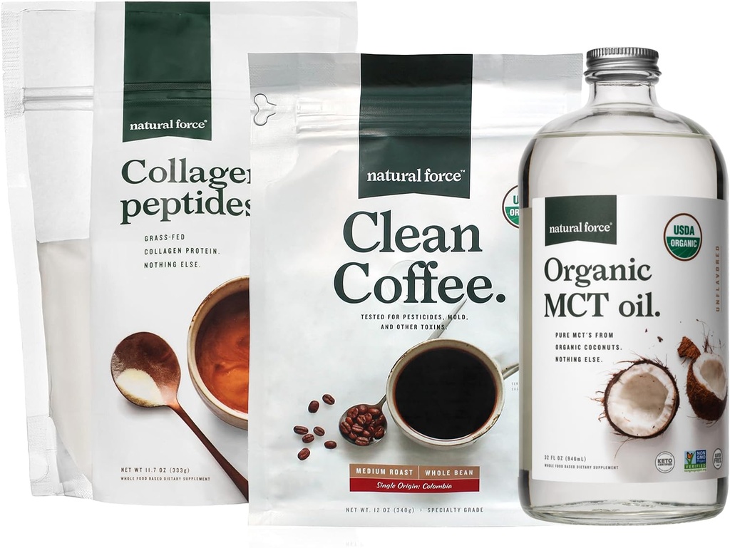 Natural Force Organic Clean Coffee + Collagen Peptides + Organic MCT Oil Bundle – Toxin Free Coffee, Grass Fed Collagen, " MCTs - Non-GMO, Keto, " Paleo - 12 Oz, 11.7 Oz, 32 Oz
