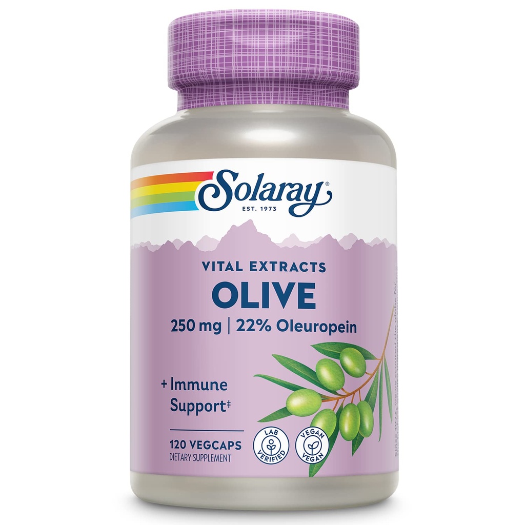 SOLARAY Olive 250mg - Extracto de hoja de oliva cápsulas con 22% Oleuropein, Plus Lemon Balm - Polyphenols Suplemento para Wellness Support - Vegan, 60-Day Guarantee, Lab Verified - 120 Servimientos, 120 VegCaps