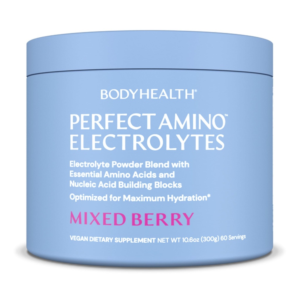 BodyHealth PerfectAmino Electrolytes Polvo No Azúcar, Keto Sugar Electrolitos de ayuno gratis Bebida Mix, Hidratación Polvo con Minerales Trace - Berry mixto - 60 Servimientos