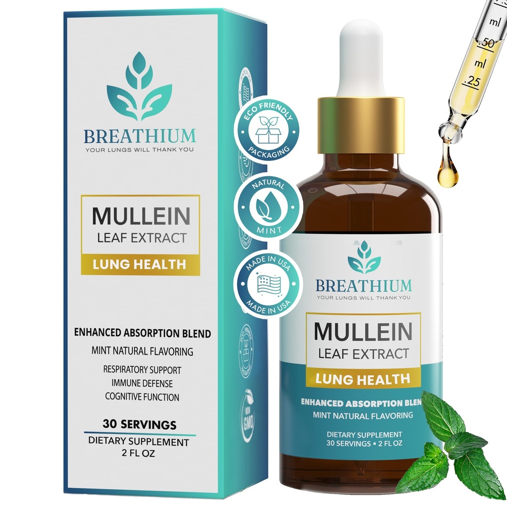 4-in-1 Mullein Drops for Lungs & Gut Health – Liposomal Mullein Leaf Extract, Sunflower Lecithin " Choline for Immune, Digestive, Allergy & Mucus Relief – Made in USA – 2oz Peppermint