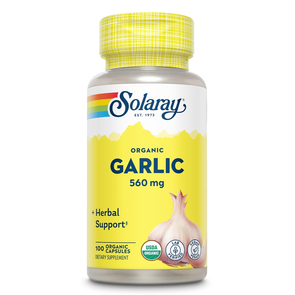 Píldoras de ajo ecológicas Solaray - 560 mg Suplementos de ajo para la salud cardíaca - USDA Cápsulas de ajo orgánico - Vegan - Garantía de devolución de dinero de 60 días - 100 Servimientos, 100 VégCaps