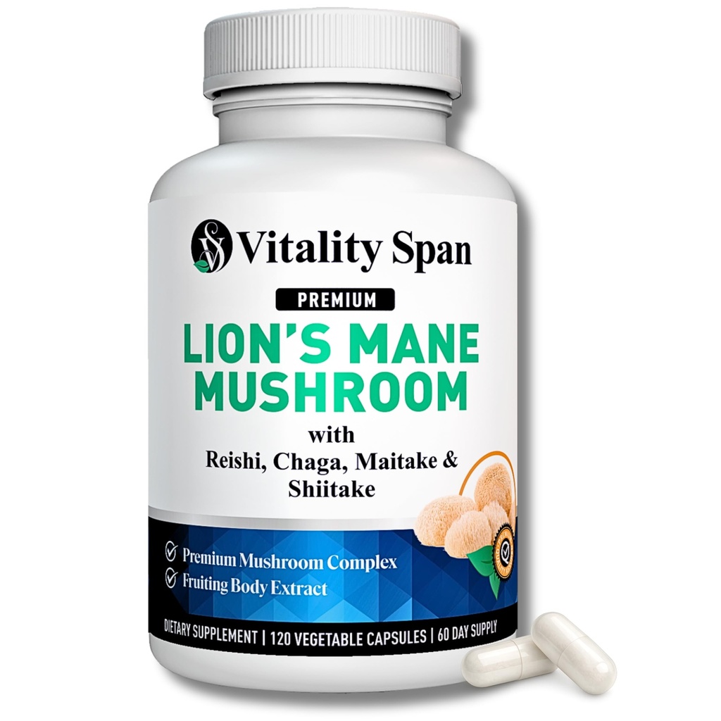 Lions Mane Supplement Capsules - Mushrooms Extract: Chaga, Maitake, Reishi & Shiitake Mushrooms ← Pure Fruiting Body TEN Nootropic, Focus, Brain and Cognitive Support TEN 120 Veggie Caps