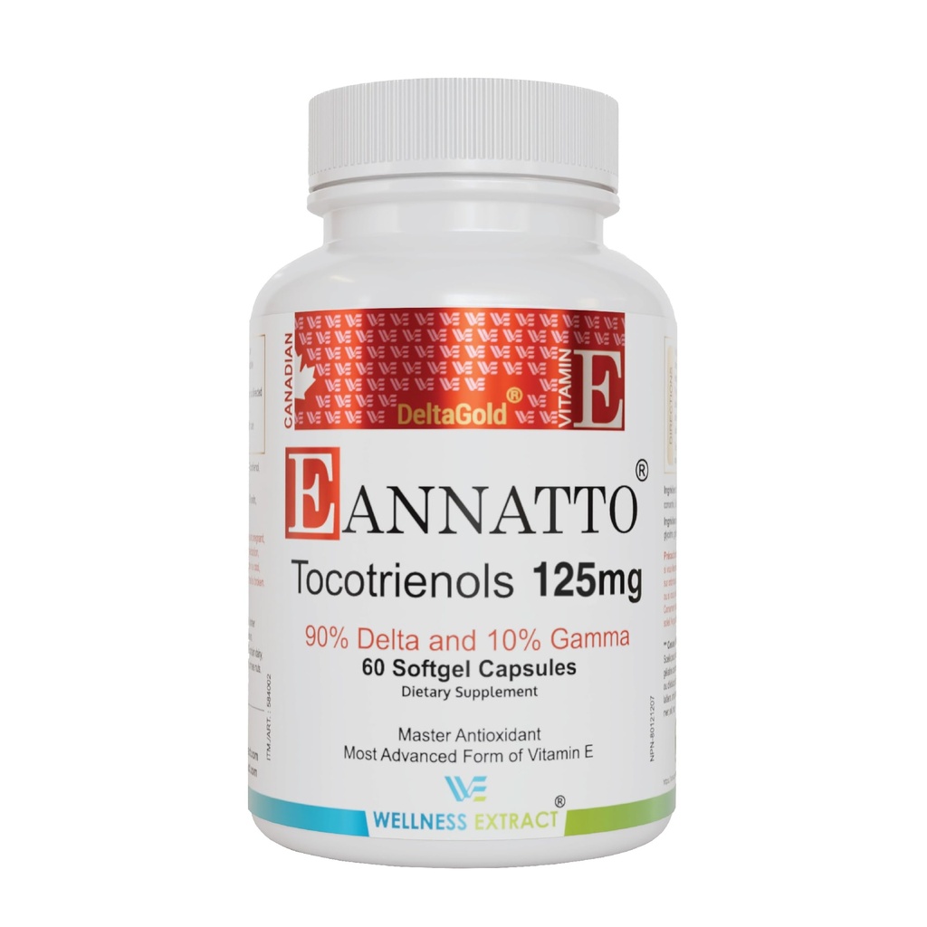 WELLNESS EXTRACT Eannatto Tocotrienols Vitamina E Suplementos Tocopherol Free, Non-GMO, Gluten Free & Antioxidant (125MG 60 Softgels)