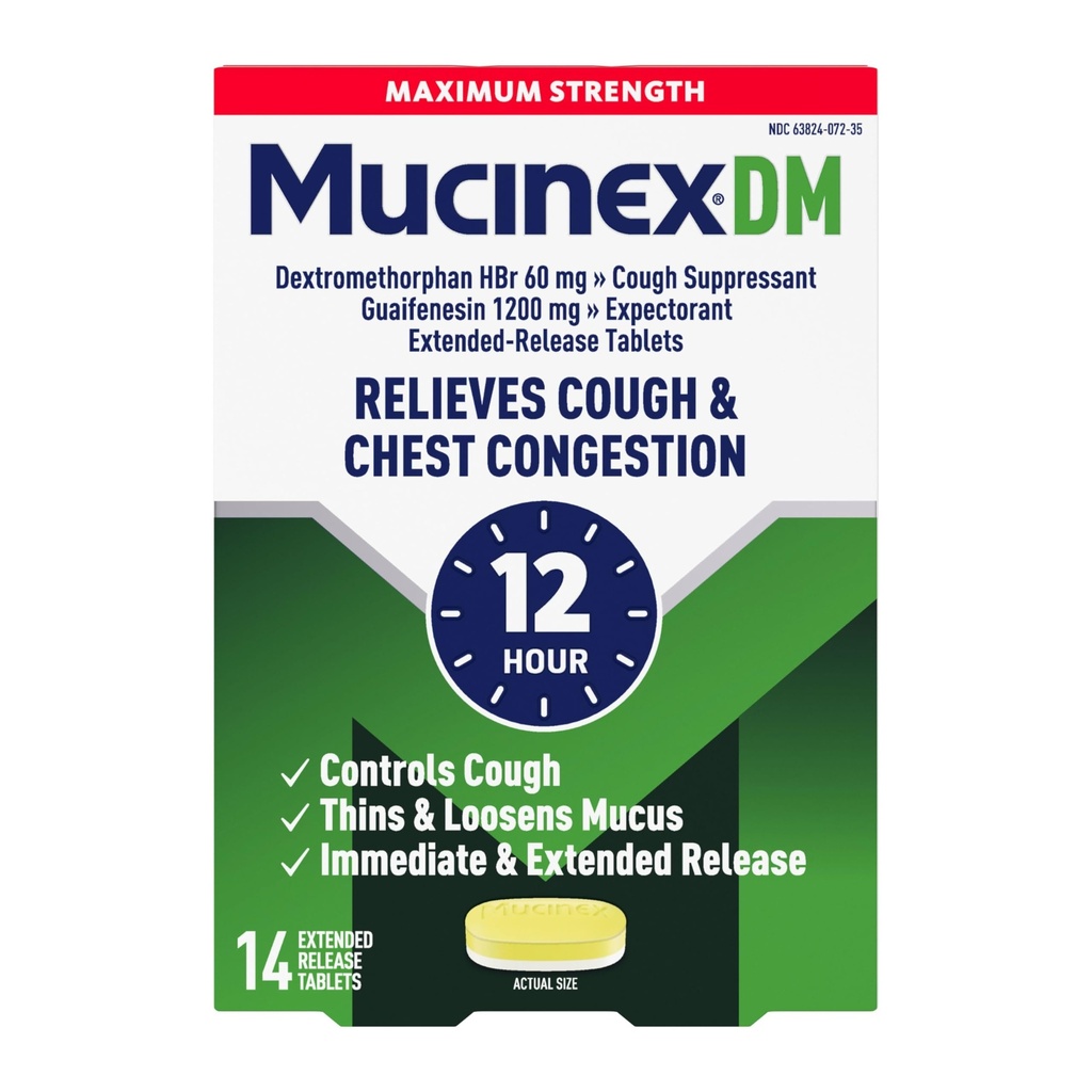 Tos Suppressant and Expectorant, Mucinex DM Maximum Strength 12 Hour Tablets, 14ct, 1200 mg Guaifenesin, Reslieve Chest Congestion, Quiets Wet and Dry Cough, 1 Doctor Recommended OTC Expectorant