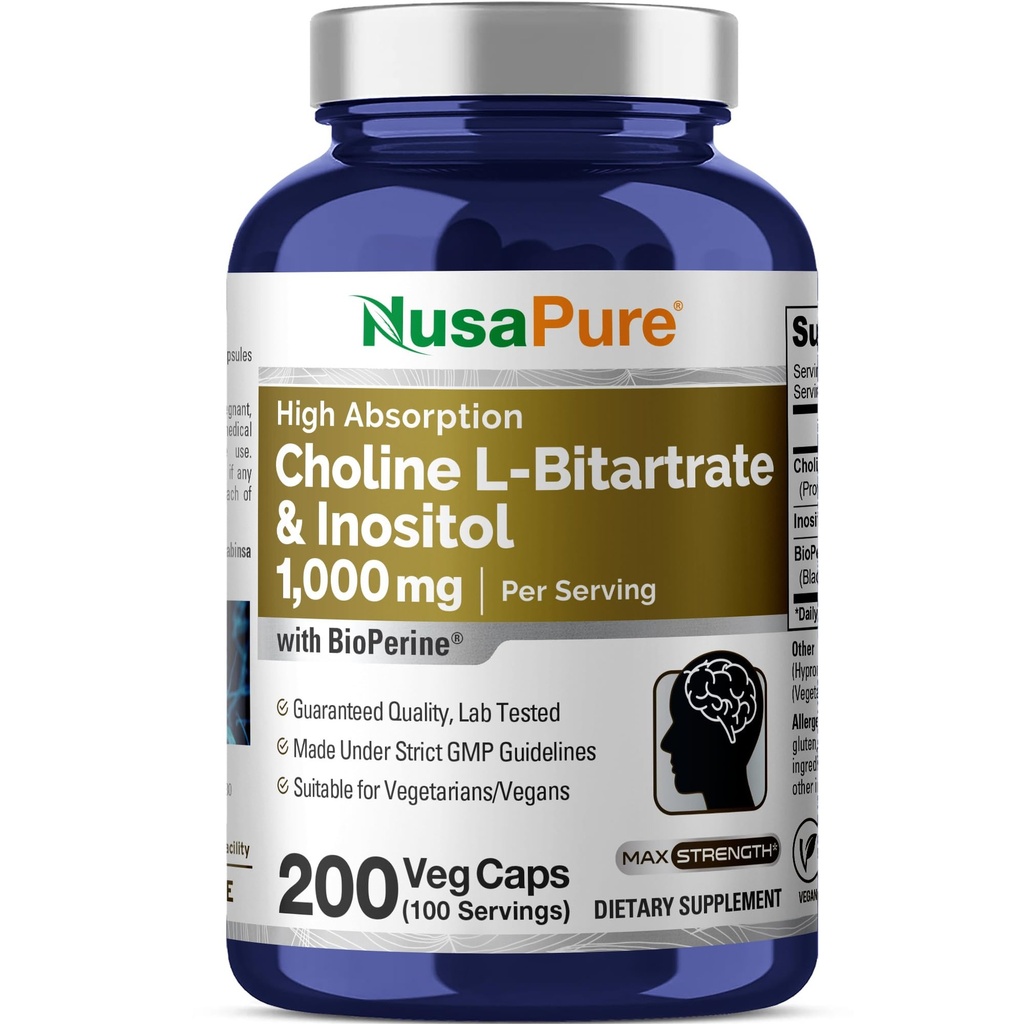 NusaPure Choline " Inositol 1000mg - 200 Veggie Caps (100% Vegetariano, No GMO) Bioperina