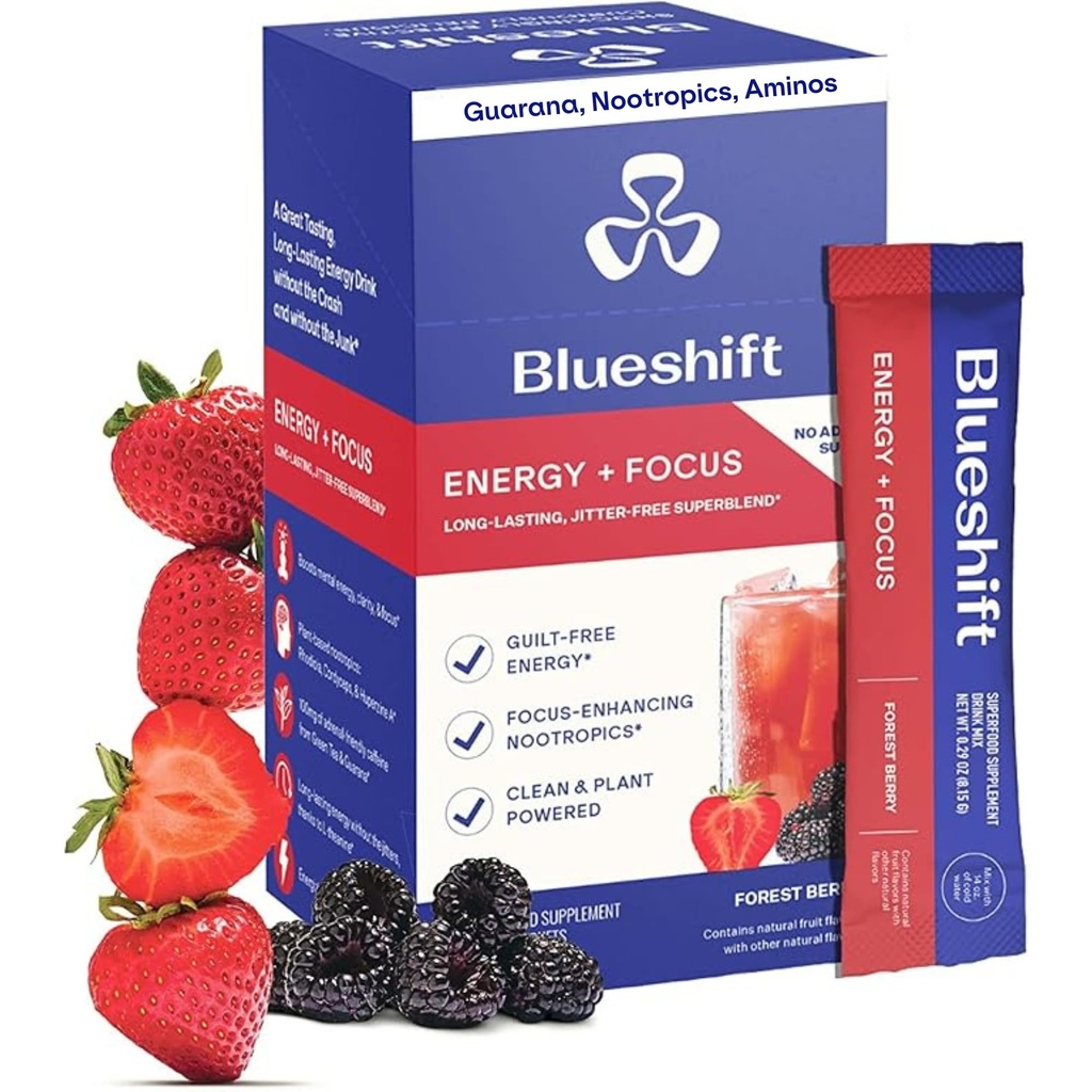 Blueshift Energy + Focus - Menos-Sweet Super Clean Plant-Based Energy Drink for Adults, with Guarana, Green Tea, Rhodiola, Caffeine, B Vitaminas para Clarity & Focus, No Sugar - Powder Sticks (10 Pack)