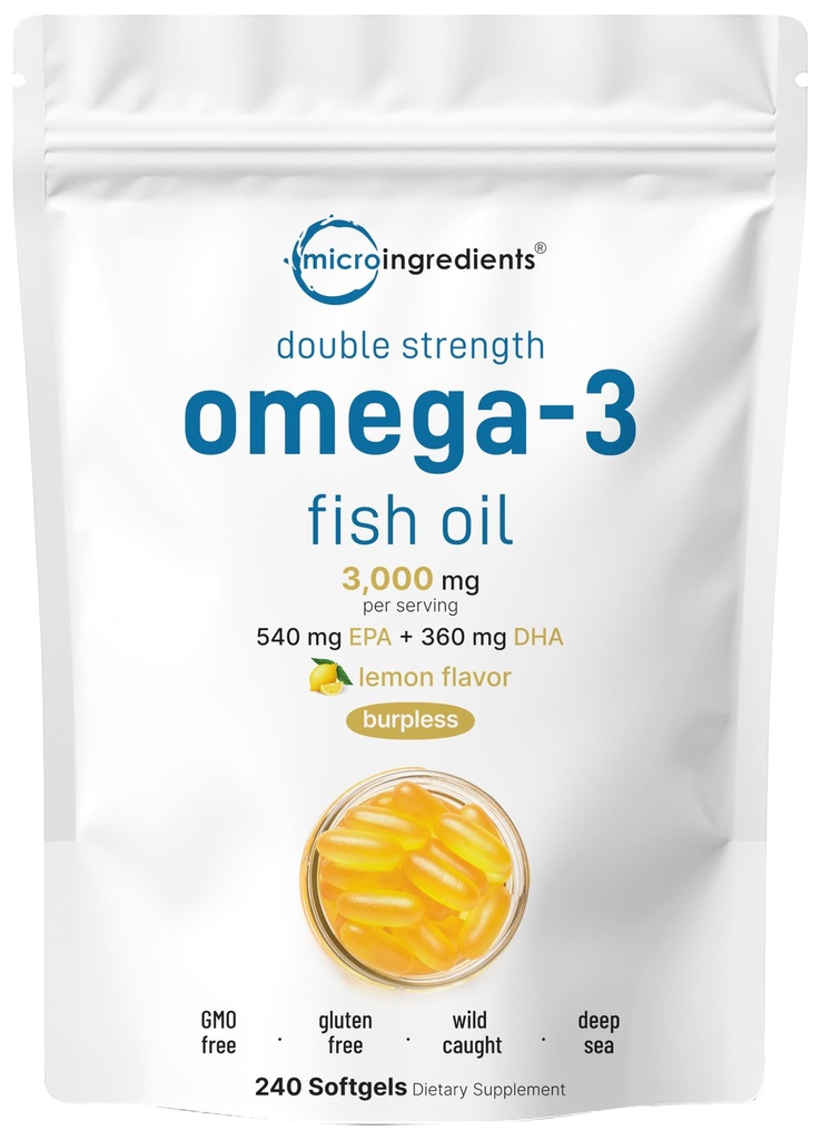 Micro Ingredientes Omega 3 Fish Oil Suplementos 3000mg Por Serving, 240 Softgels ¦ Lemon Flavored – Burpless  durable EPA 540mg + DHA 360mg ← Deep Sea Fish