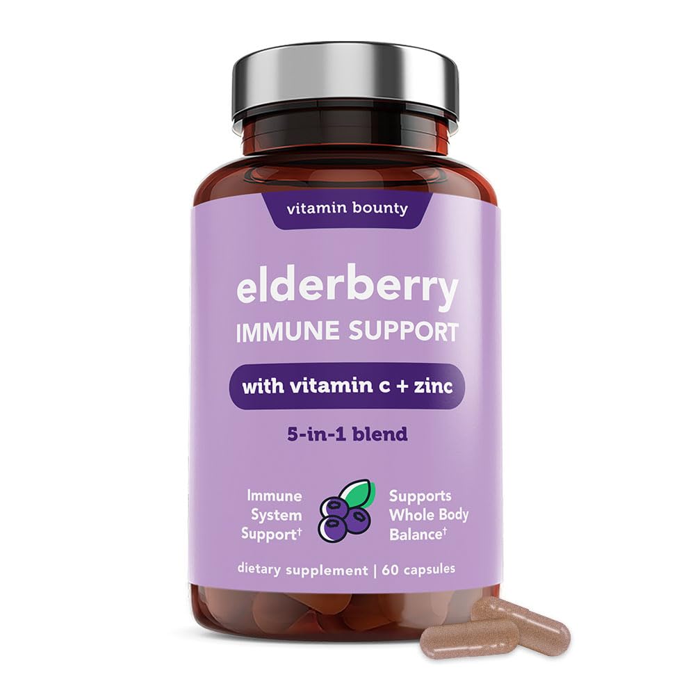 Vitamina Bounty Elderberry Organic Elderberry Capsules for Adults - Vitamina C y Zinc Suplemento, " Echinacea, Immune System Support, Advanced 5-in-1 Blend, Non-GMO - 60 cápsulas