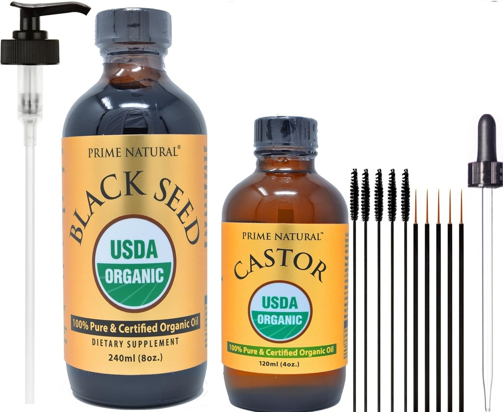 PRIME NATURAL Organic Black Seed Oil & Organic Castor Oil - 2 Oil Bundle - USDA Certified - Cold Pressed, Virgin, Unrefined, Vegan, Non-GMO, No Preservatives