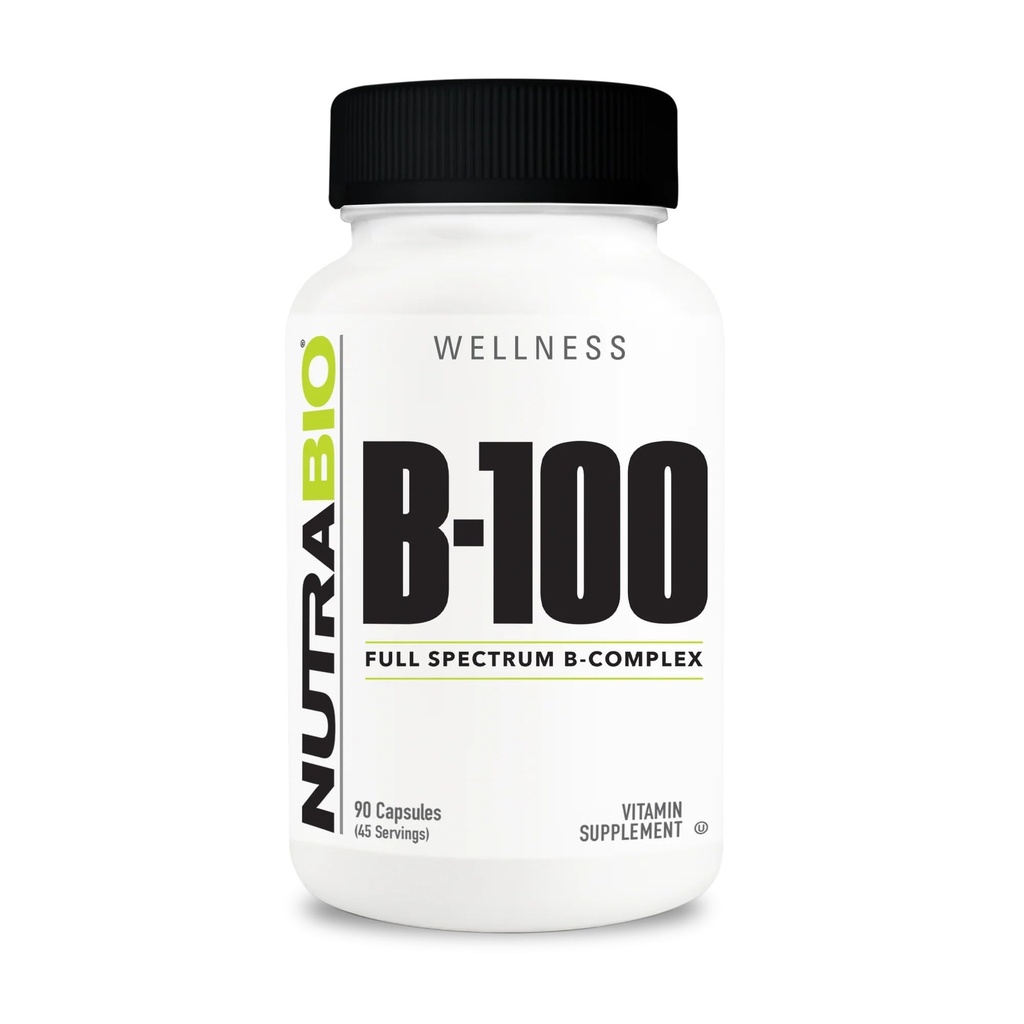 NutraBio B-100, Complejo de Vitamina B, Apoyo al Sistema Inmunitario, Peluquería saludable, Esquí, uñas, 90 cápsulas vegetales