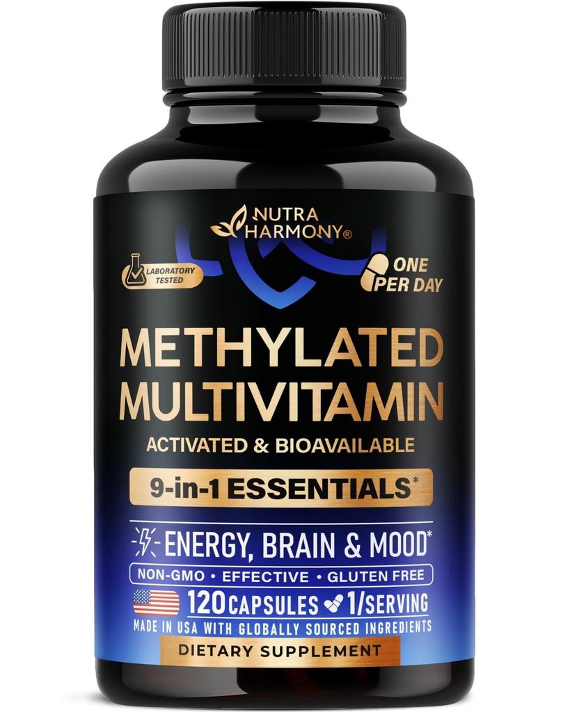 Multivitaminas metiladas - B2, B6, 5-MTHF " B12 ANTE Antioxidantes C " E TENIDO Vitamina D3 " K2 - para hombres y mujeres - 9-en-1 MTHFR Suplemento con TMG - Energía, Cerebro &amp; Mood - Vegan - Made in USA - 120 cápsulas