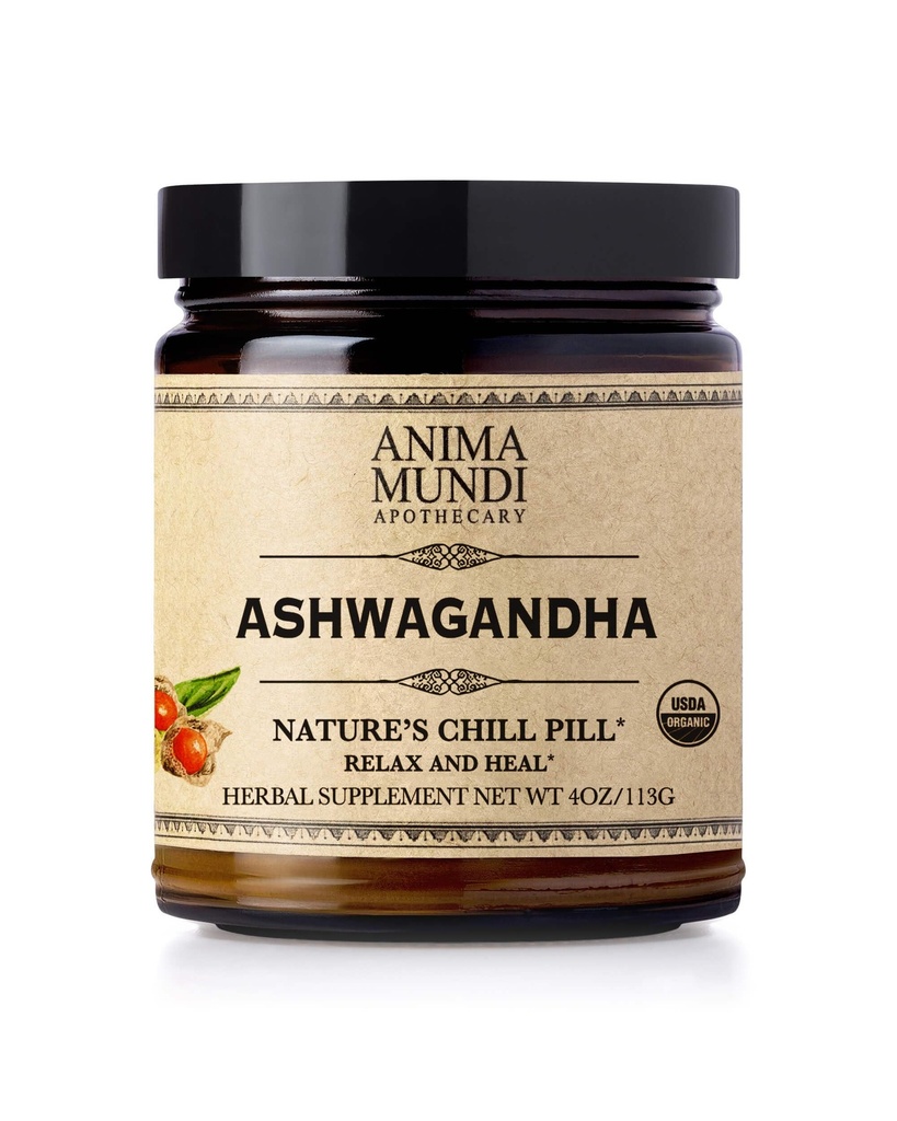 Anima Mundi Ashwagandha Powder - Orgánica Ashwagandha Root Powder Fuente de India - Comúnmente conocido como Indio Ginseng Root Powder - Calming Herbal Suplemento - Añadir a té, café &amp; Más (4oz / 113g)