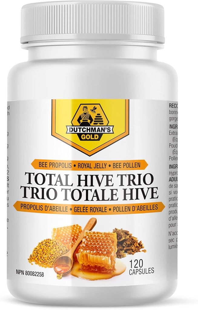 Holandés Gold Total Hive Trio Capsules - 120 Veg Caps Aproximadamente 30-60 Servings - Bee Pollen Royal Jelly &amp; Propolis Suplemento - Superfoods for Antioxidant Immune Support - Natural Honey Mix