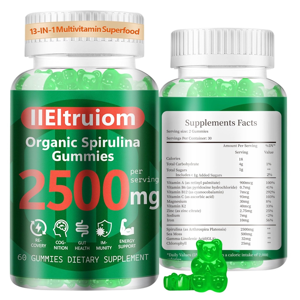 Ecológico Blue Spirulina Chlorella Gummies, 13-in-1 Super Greens & Superfoods, Spirulina 2500mg Enhanced Daily Energy with Sea Moss, Chlorophyll, GLA, Gluten Free, 60 Vegan Gummies