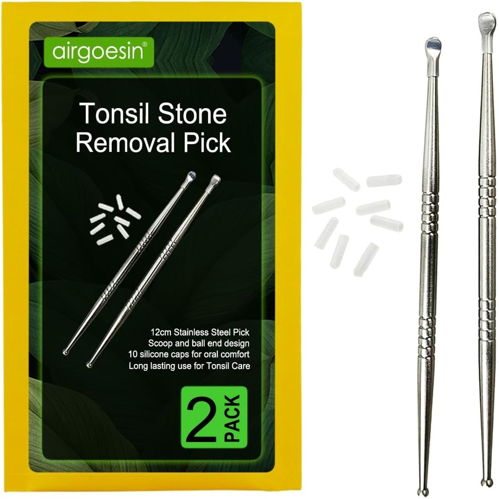 Airgoesin 2pcs Tonsil Stone Removal Pick Tonsillolith Premium Tool Limpiador de Oral de acero inoxidable con 10 cápsulas de silicona suave