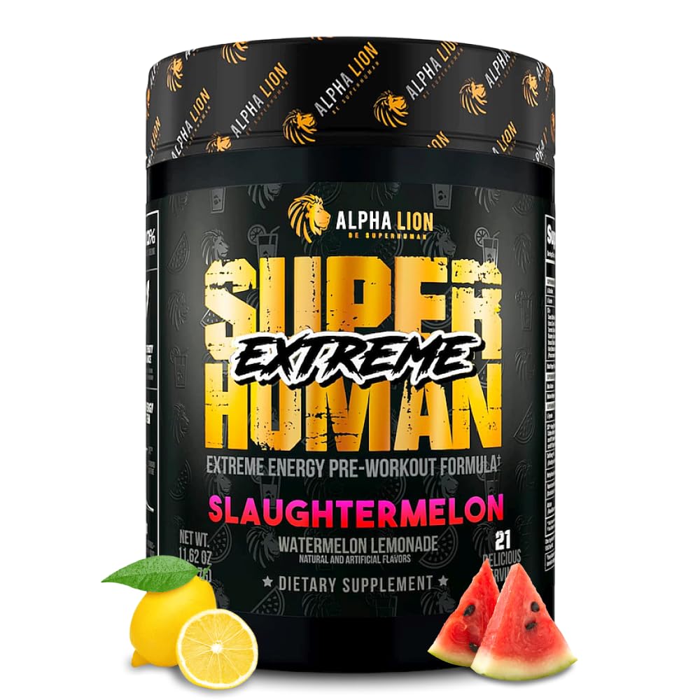 ALPHA LION Superhuman Extreme High Stim Pre Workout Powder, Beta Alanine, L-Taurine &amp; 356mg Tri-Source Caffeine for Sustained Energy, Nitric Oxide & Citrulline for Pump (21 Servings, Slaughtermelon)