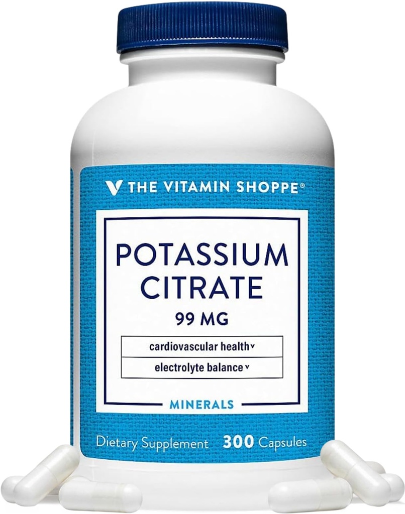 El Citrato de Potasio de Vitamina Shoppe 99MG - apoya la salud cardiovascular, promueve la función celular y ayuda a mantener el equilibrio de electrolitos para el bienestar general (300 cápsulas)