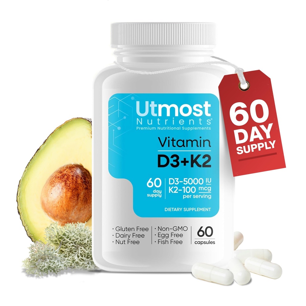 Vitamina D3 con K2-5000iu Vitamina D y 100 mcg Vitamina K Suplemento en una cápsula para la biodisponibilidad máxima - Mejora la absorción de calcio para la salud cardiovascular, inmunitaria y ósea (60 cápsulas)