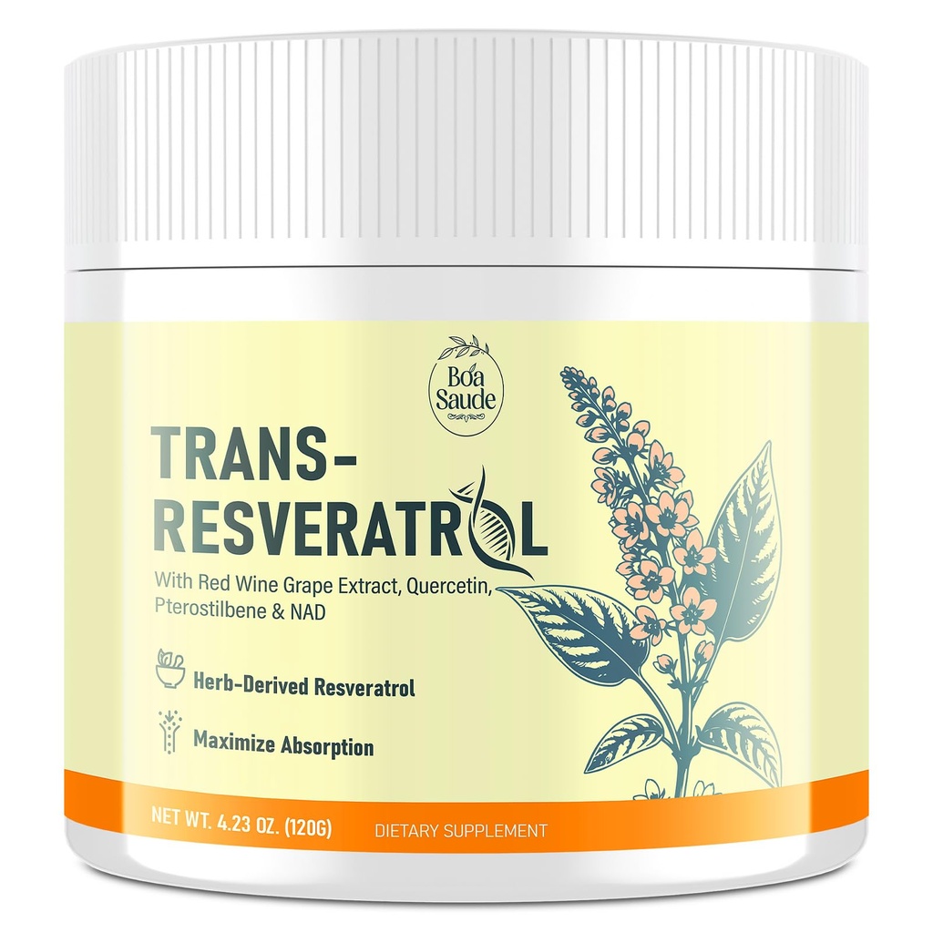 Suplemento de Polvo Trans-Resveratrol con Extracto de Vino Rojo, Quercetina, Pterostilbeno, 4.23 OZ, 30 días de suministro