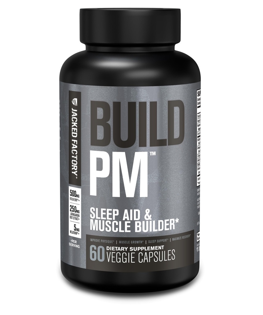 Jacked Factory Build PM Night Time Muscle Builder " Sleep Aid - Post Workout Recovery " Sleep Support Supplement w/VitaCherry Tart Cherry, Ashwagandha, " Melatonin - 60 Natural Veggie Pills