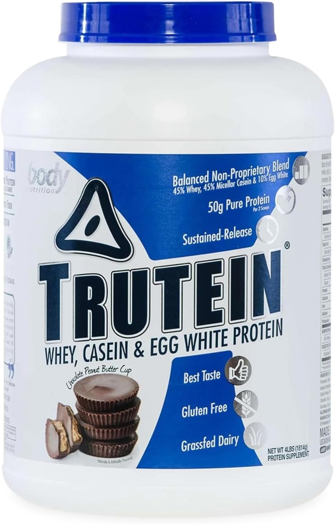 Nutrición corporal Trutein High Protein Powder: 45% Whey, 45% Casein, 10% Egg White Protein Shake Mix, Gluten-Free, Low Sodium, Low Carb Protein Supplement for Men &amp; Women, Chocolate Peanut Butter, 4lb