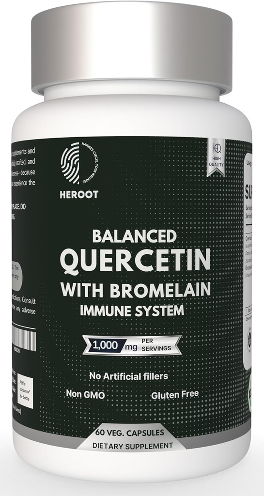 500mg Quercetina con cápsulas de bromelaina: Apoyo respiratorio No GMO Silencioso Gluten Libre Silencioso Apoyos Salud general y bienestar (60 cápsulas)