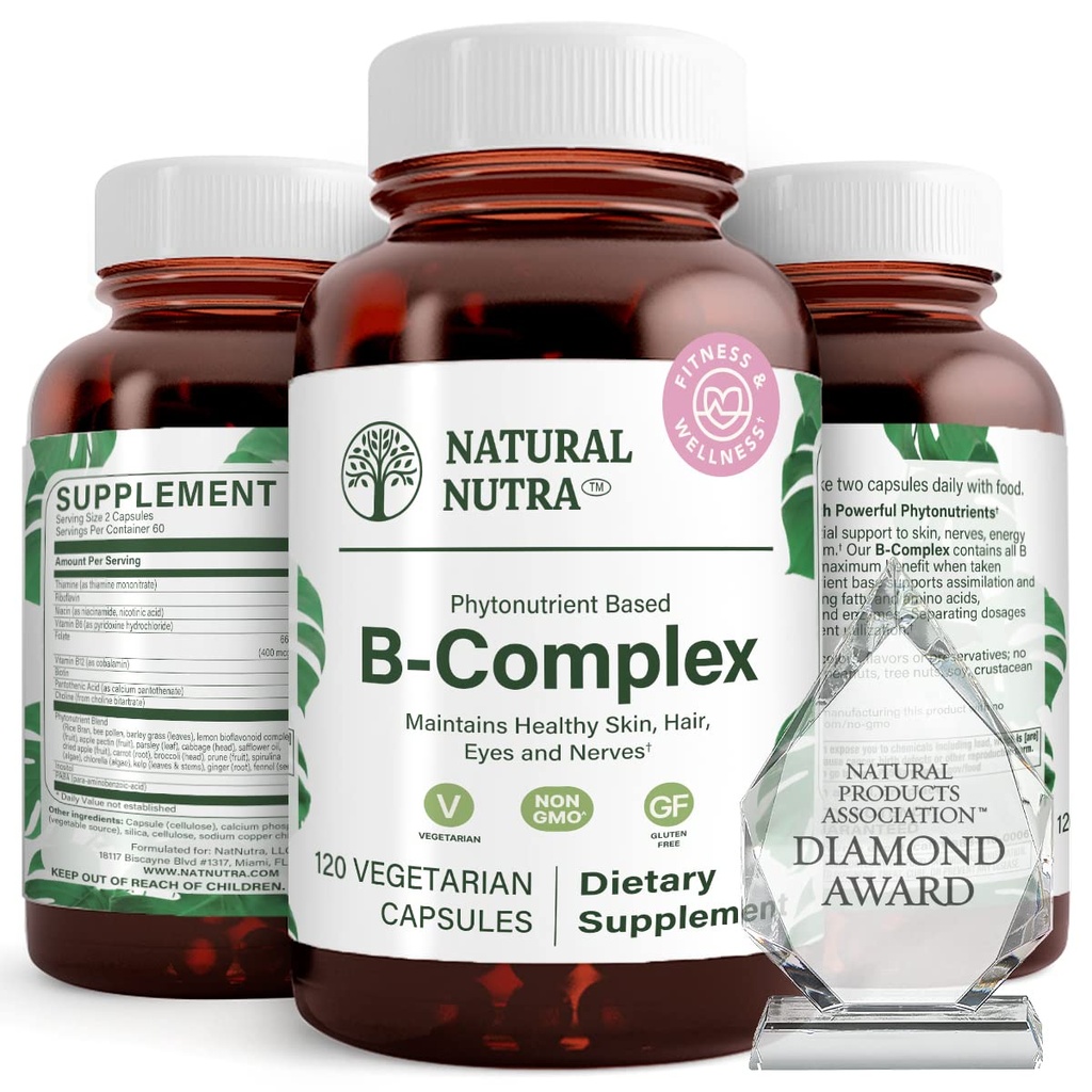 Complejo Natural Nutra Vitamina B con Niacina, Folato, Thiamin, Biotina, apoya la salud del sistema nervioso, promueve el metabolismo, la piel, los ojos y la salud del cabello, suplemento alimenticio completo, 120 cápsulas vegetarianas