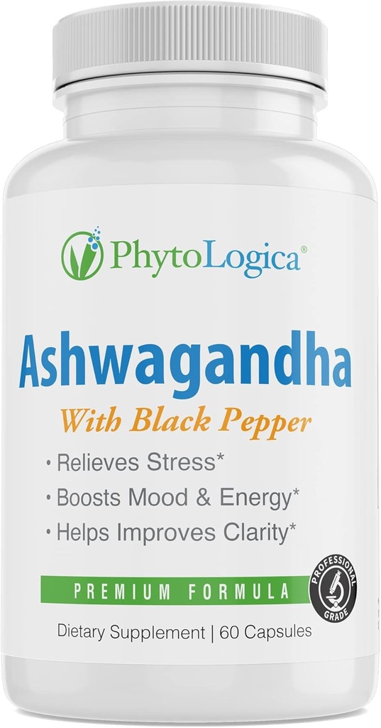 Cápsulas de Ashwagandha orgánicas con pimienta negra, soporta hormonas, no GMO, libre de gluten, vegano, natural, 60 cápsulas