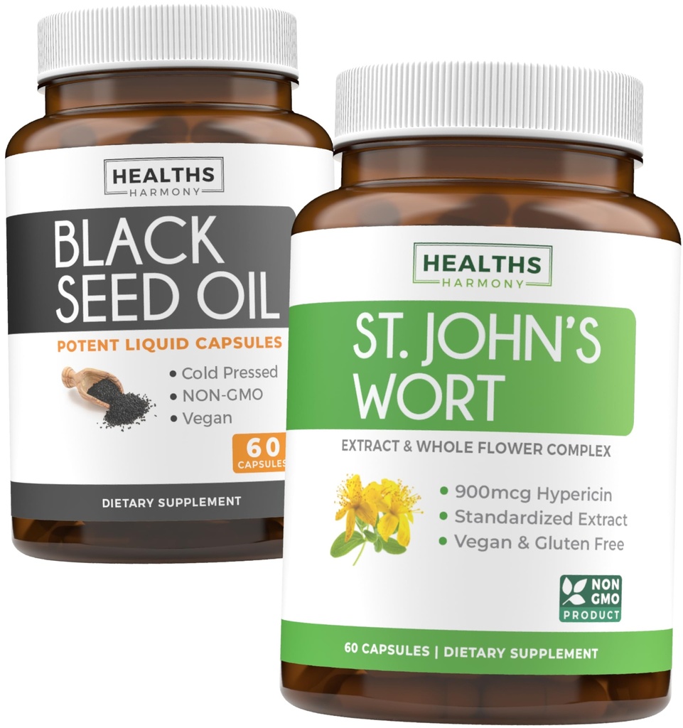 Black Seed Oil &amp; St. John's Wort (1-Month Supply) Serene Blend Bundle of Black Seed Oil (60 Capsules) Cold-Presed Nigella Sativa & St. John's Wort (60 Capsules) con Powerful 900mcg Hypericin