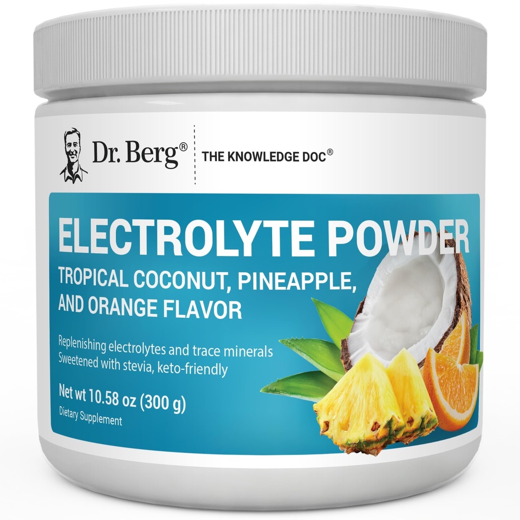 Dr. Berg Zero Sugar Hydration Keto Electrolyte Powder - Enhanced w / 1000 mg de Potasio & Real Pink Himalayan Salt (NOT Table Salt) - Tropical Coconut, Pineapple &amp; Orange Drink Supplement 50 Servings